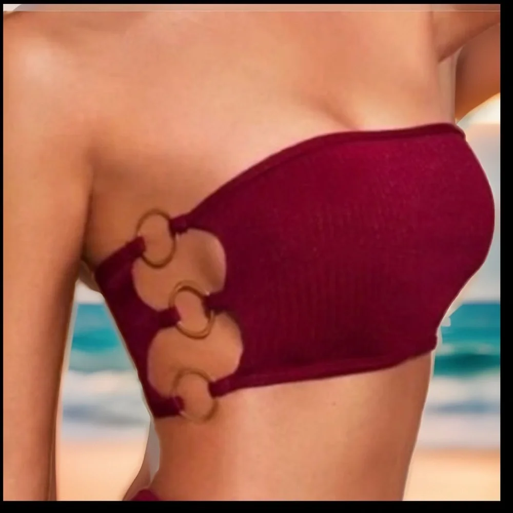 Bandeau Bikini Top W/ 3 Rings On Each Side  High Rise Bikini Bottoms Swimsuit